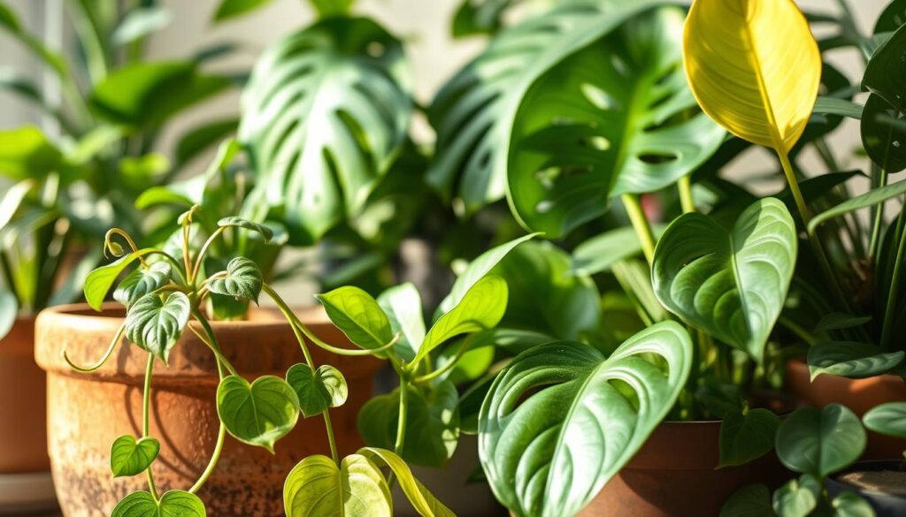 A beautifully lit, close-up still life scene showcasing various pet-safe houseplants. In the foreground, a lush, vibrant pothos plant cascades over the edge of a rustic terracotta pot. Behind it, a spider plant sprouts delicate baby plantlets. In the middle ground, a monstera deliciosa partially unfurls its distinctive fenestrated leaves, casting dramatic shadows. The background features a soft, out-of-focus assortment of other green, leafy plants like peace lilies and Chinese evergreens, all thriving in warm, diffused lighting. The overall scene conveys a sense of tranquility and natural harmony, highlighting the care and attention required to maintain healthy, pet-friendly indoor greenery.