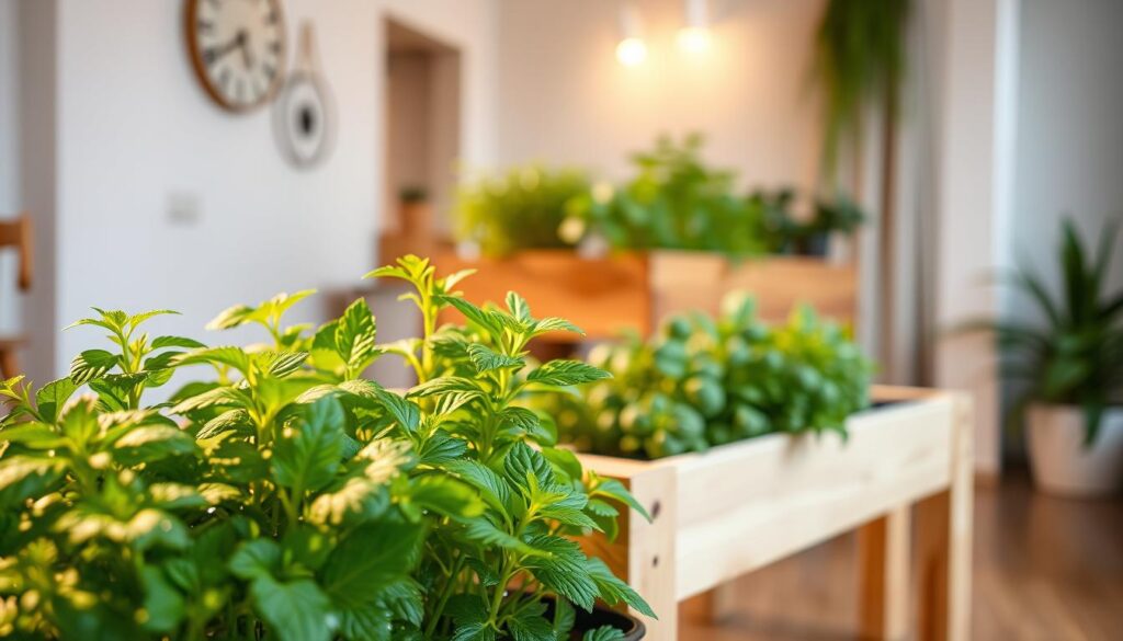 A beautifully lit indoor herb garden, with lush, vibrant foliage illuminated by soft, warm lighting. The foreground features a variety of thriving herb plants, their leaves glistening with water droplets. In the middle ground, a wooden raised planter stands, showcasing the versatility of growing herbs indoors. The background depicts a cozy, minimalist home interior, with clean lines and neutral tones that create a serene, calming atmosphere. The composition highlights the harmony between the natural world and the human-made environment, inviting the viewer to envision the solutions to common indoor herb gardening problems.