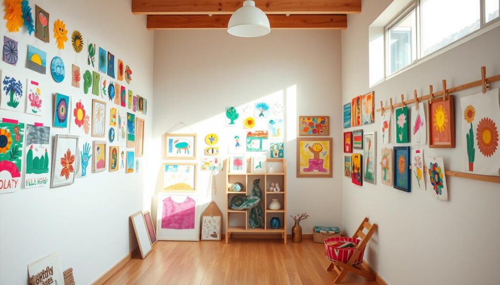 A bright, airy DIY children's art gallery featuring an eclectic mix of vibrant, playful artwork adorning the walls. In the foreground, a whimsical display of colorful paintings, drawings, and collages created by young artists, carefully arranged in a visually striking manner. The middle ground showcases various DIY display solutions, such as simple wooden frames, clothespins, and hanging rails, allowing the artwork to take center stage. The background depicts a light-filled, minimalist interior with natural textures and a neutral color palette, providing a clean, modern backdrop that complements the lively artwork. Soft, diffused lighting casts a warm, inviting glow, and the overall composition conveys a sense of creativity, joy, and a celebration of a child's unique artistic expression.