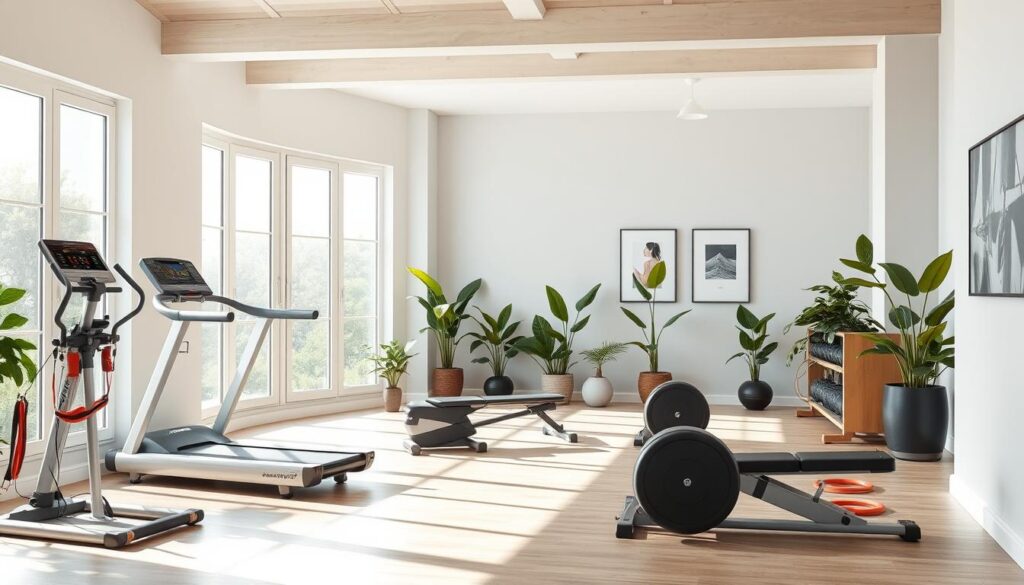 A bright, airy home gym with natural light streaming through large windows. The foreground features a range of modern exercise equipment, including a treadmill, weight bench, and resistance bands. The middle ground showcases a sleek, minimalist design with a neutral color palette, clean lines, and strategic storage solutions. In the background, lush indoor plants and artwork on the walls create a serene, rejuvenating atmosphere. The overall composition conveys a sense of balance, functionality, and personal wellness in a well-designed, inviting space.