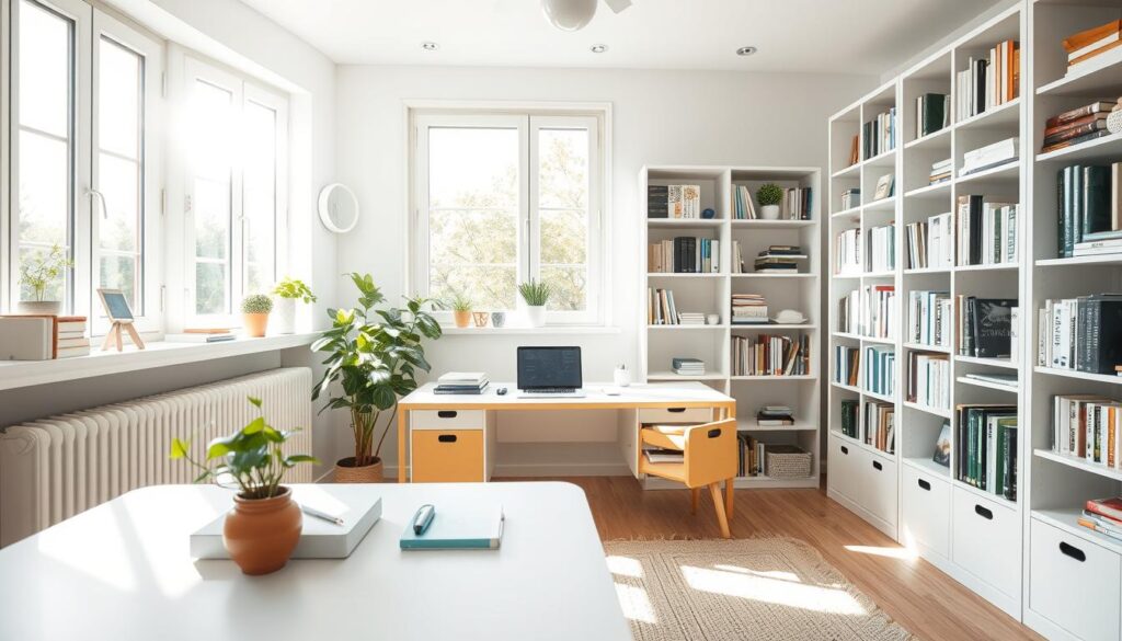 A bright, airy home office with minimalist decor. Sunlight streams through large windows, illuminating a clean, organized workspace. On the desk, a laptop, a plant, and a few essential office supplies neatly arranged. Bookshelves lining the walls, books and files meticulously sorted. The room exudes a sense of calm and productivity, inspiring focus and efficiency. A modern, Scandinavian-inspired aesthetic with pops of green and natural wood tones. The overall atmosphere is one of order, clarity, and an uncluttered mind ready to tackle the day's tasks.
