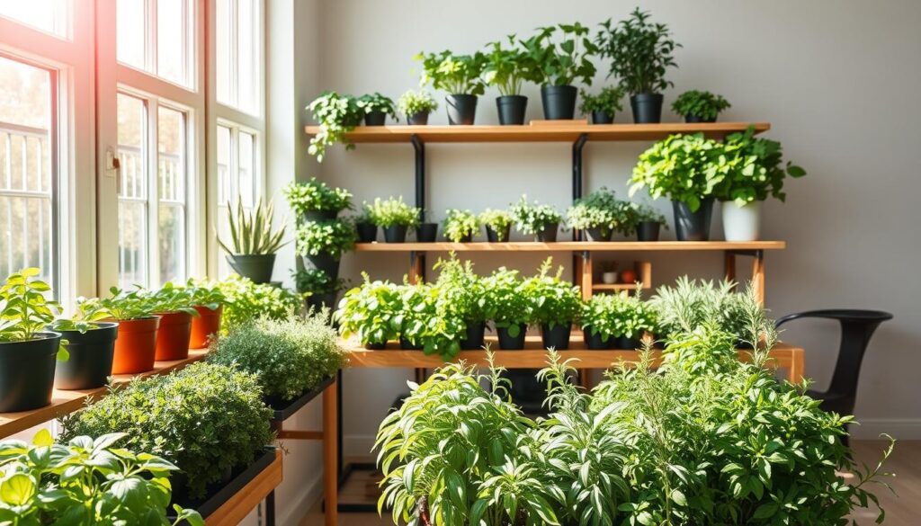 A bright, airy interior with a collection of potted herbs neatly arranged on wooden shelves. The herbs are thriving, their vibrant green leaves casting soft shadows. Sunlight streams in through large windows, illuminating the space with a warm, natural glow. In the foreground, a variety of herb-growing techniques are on display, from self-watering planters to hydroponic systems. The middle ground showcases different herb species, from fragrant basil to hardy rosemary, each meticulously tended. The background features simple, minimalist decor, allowing the lush greenery to take center stage. The overall atmosphere is one of tranquility and horticultural expertise, inviting the viewer to explore the joys of indoor herb gardening.