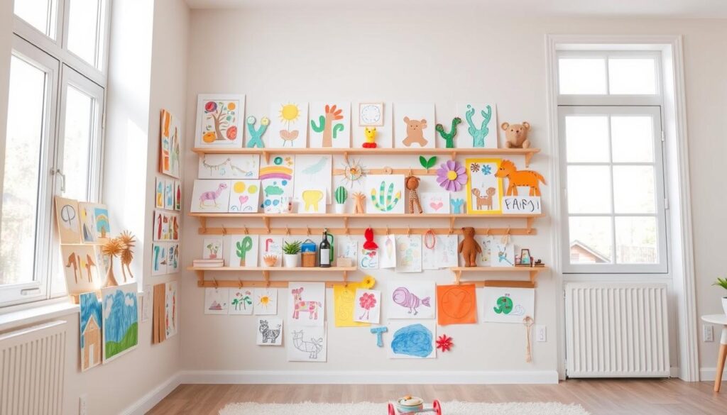 A bright, airy kids' art display wall in a cozy, well-lit room. In the foreground, an array of colorful drawings, paintings, and crafts created by children, each with its own unique style and personality. In the middle ground, wooden shelves and hooks artfully arranged to showcase the artwork, allowing the young artists' expressions to take center stage. The background features a neutral-toned wall, softly illuminated by natural light flooding in through large windows, creating a warm and inviting atmosphere that encourages creativity and self-expression. The overall composition is a harmonious blend of whimsical children's art and thoughtful, minimalist display design.