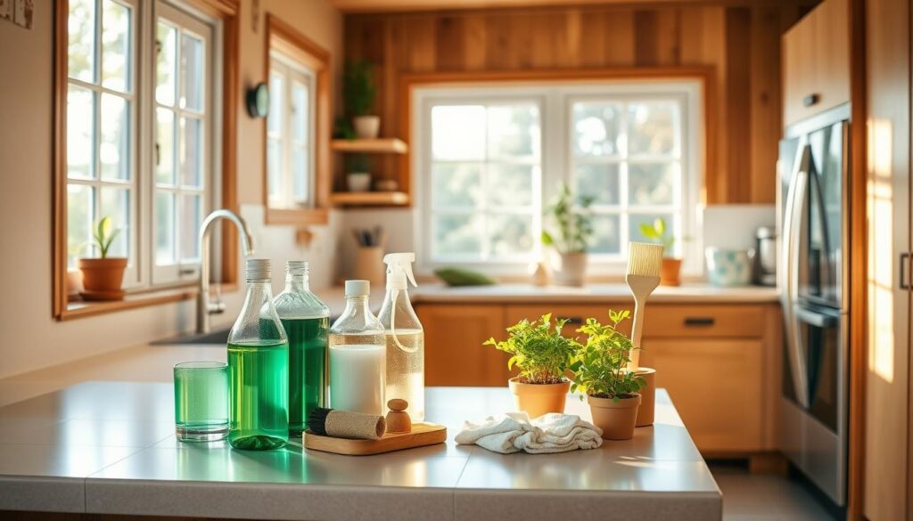 A bright, airy kitchen with natural light streaming in through large windows. On the countertop, an assortment of eco-friendly cleaning products - glass spray bottles, bamboo scrubbing brushes, and reusable microfiber cloths. Potted plants and a small herb garden add pops of green, reflecting the sustainable nature of the scene. The warm, earthy tones of the wooden cabinets and tile floor create a cozy, inviting atmosphere. A sense of balance and harmony, with the clean, minimalist design complementing the environmentally-conscious choices. Subtle, warm lighting casts a soft glow, lending an overall impression of a tranquil, nurturing space dedicated to sustainable living. A bright, airy kitchen with natural light streaming in through large windows. On the countertop, an assortment of eco-friendly cleaning products - glass spray bottles, bamboo scrubbing brushes, and reusable microfiber cloths. Potted plants and a small herb garden add pops of green, reflecting the sustainable nature of the scene. The warm, earthy tones of the wooden cabinets and tile floor create a cozy, inviting atmosphere. A sense of balance and harmony, with the clean, minimalist design complementing the environmentally-conscious choices. Subtle, warm lighting casts a soft glow, lending an overall impression of a tranquil, nurturing space dedicated to sustainable living.