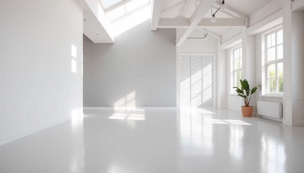 A bright, airy room bathed in natural light, showcasing a variety of paint finishes that enhance the perception of spaciousness. In the foreground, a smooth, glossy white wall reflects the surrounding illumination, creating an illusion of depth. In the middle ground, a matte gray accent wall subtly recedes, making the space feel more expansive. The background features a shimmering metallic paint that dances with the light, creating a sense of luminosity and airiness. Soft, diffused lighting from overhead fixtures and large windows casts a warm, inviting glow throughout the scene, heightening the impression of openness and tranquility.