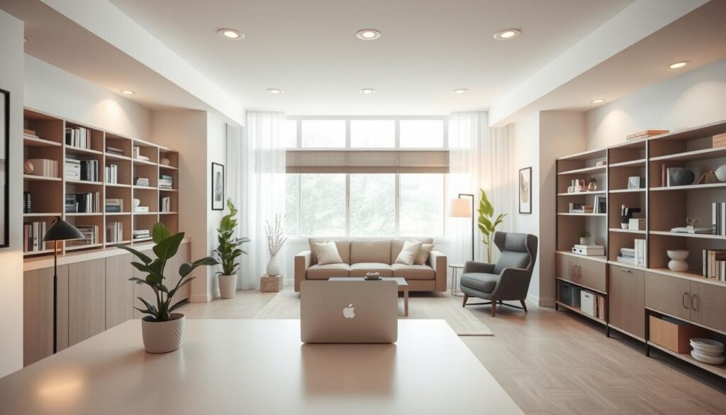 A bright, airy room with a versatile layout that can be used as both an office and guest space. A minimalist desk with a sleek laptop and plant sits in the foreground, facing a large window that floods the space with natural light. Behind the desk, a comfortable sofa and armchair create a cozy seating area, perfect for hosting visitors. The walls are painted a soft, neutral tone, and shelves on the side wall display a mix of books, artwork, and decorative elements. Indirect lighting from floor lamps and recessed ceiling fixtures create a warm, inviting atmosphere. The room is designed to be highly functional, with ample storage and flexible furniture arrangements to accommodate both work and leisure activities.