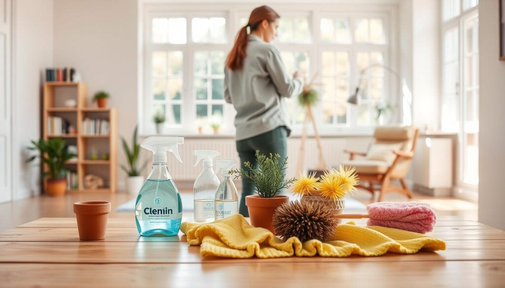A bright, airy room with crisp white walls and large windows that flood the space with warm, natural light. In the foreground, a collection of cleaning supplies neatly arranged on a wooden table - a spray bottle, a microfiber cloth, a duster, and a small plant in a terracotta pot. In the middle ground, a person in casual spring attire, rolling up their sleeves, ready to tackle the seasonal cleaning tasks. The background showcases a clean, clutter-free living space, with a bookshelf, a cozy armchair, and a glimpse of a lush outdoor garden through the window, creating a sense of harmony and renewal.