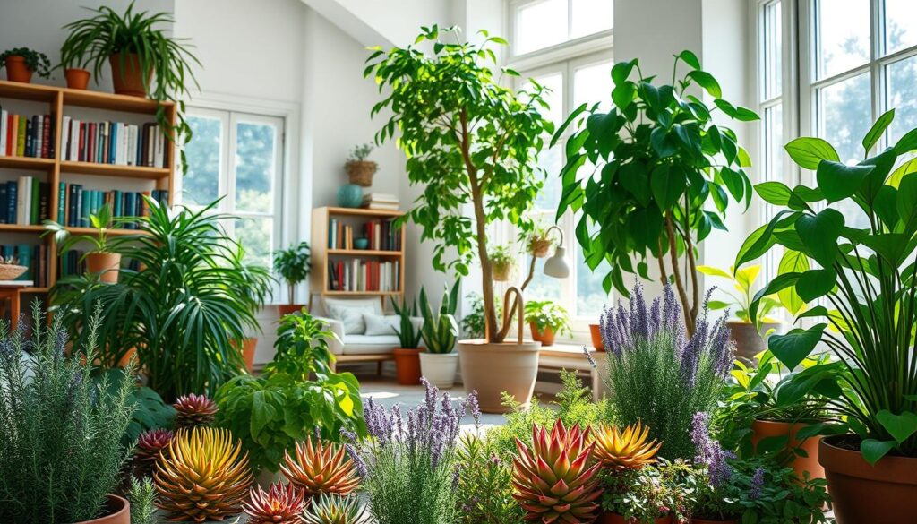 A bright, airy room with sunlight streaming through large windows, illuminating a collection of lush, vibrant pet-safe plants. In the foreground, a colorful array of succulents and potted herbs such as rosemary, thyme, and lavender. In the middle ground, a tall, graceful fiddle-leaf fig tree and a cascading pothos plant. In the background, a bookshelf filled with botanical books and a cozy reading nook. The overall mood is one of tranquility and natural beauty, with the plants complementing the warm, earthy tones of the room. Captured with a wide-angle lens to showcase the harmonious arrangement of the pet-safe greenery.