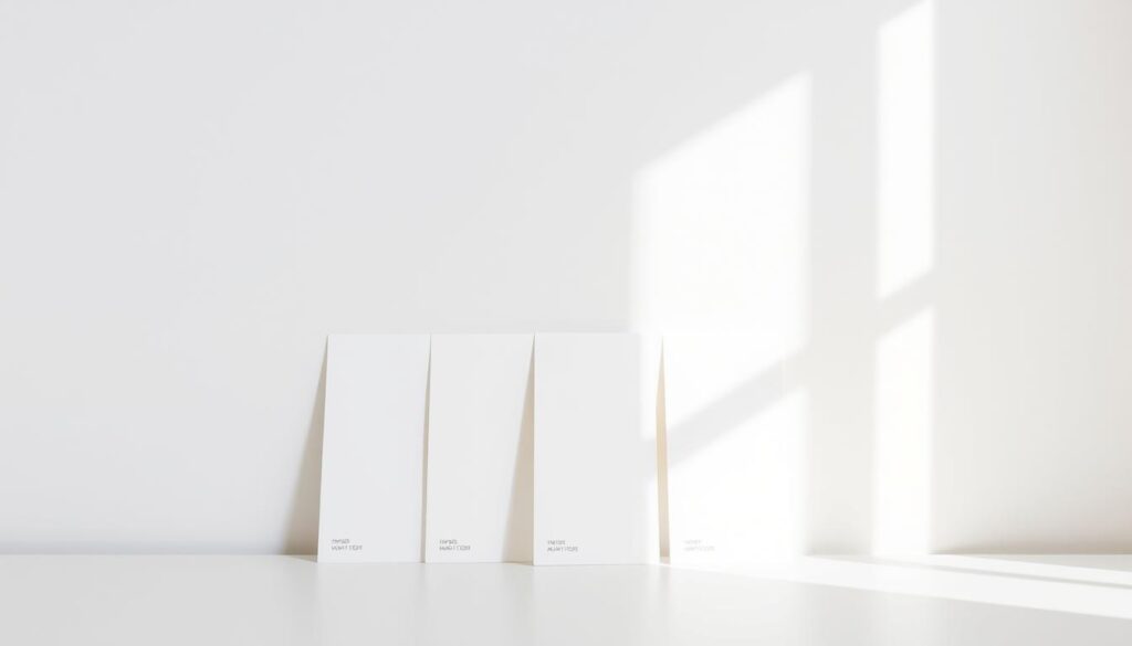 A bright, well-lit interior scene featuring an array of white and off-white paint color samples. The samples are arranged neatly on a clean, neutral-toned background, perhaps a table or wall. The lighting is soft and diffused, creating a serene, inviting atmosphere. The colors range from crisp, pure white to warmer, creamier off-white hues, showcasing the subtle variations and undertones. The composition is balanced and visually appealing, allowing the viewer to clearly see the nuances of each paint option. The scene conveys a sense of tranquility and reflects the intent to make small rooms feel more spacious and bright.