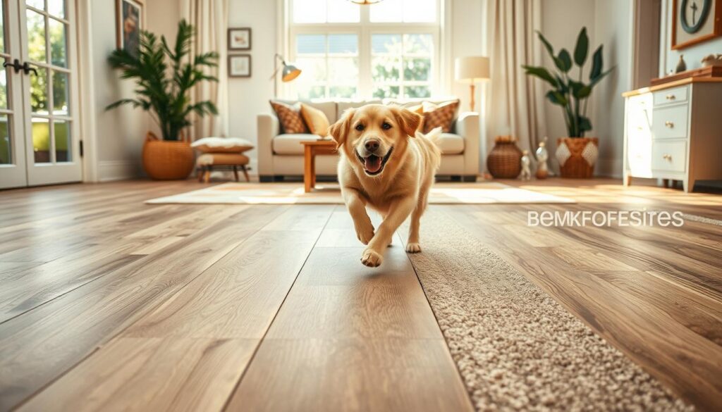 A bright, well-lit interior scene showcasing various pet-friendly flooring options. In the foreground, a mix of durable, scratch-resistant materials like textured laminate, resilient vinyl, and stain-resistant carpet tiles are displayed. The middle ground features a playful and energetic golden retriever frolicking on the different flooring surfaces, highlighting their suitability for active pets. In the background, a cozy living room setting with plush furniture and natural accents creates a welcoming, family-friendly atmosphere. The lighting is warm and inviting, accentuating the textures and colors of the flooring choices. The overall scene conveys a sense of comfort, practicality, and style that caters to the needs of both pets and their owners.