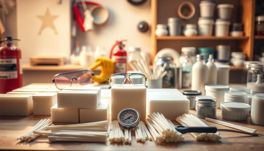 A brightly lit, well-organized workshop table showcasing the essential materials for DIY candle making. In the foreground, a collection of soy wax blocks, wicks, wick holders, and a thermometer arranged neatly. In the middle ground, a pair of safety goggles, heat-resistant gloves, and a fire extinguisher, emphasizing the importance of proper safety precautions. The background features jars, tins, and molds in various shapes and sizes, hinting at the diverse candle projects possible. Warm, diffused lighting casts a cozy, inviting atmosphere, evoking the comforting glow of homemade candles.