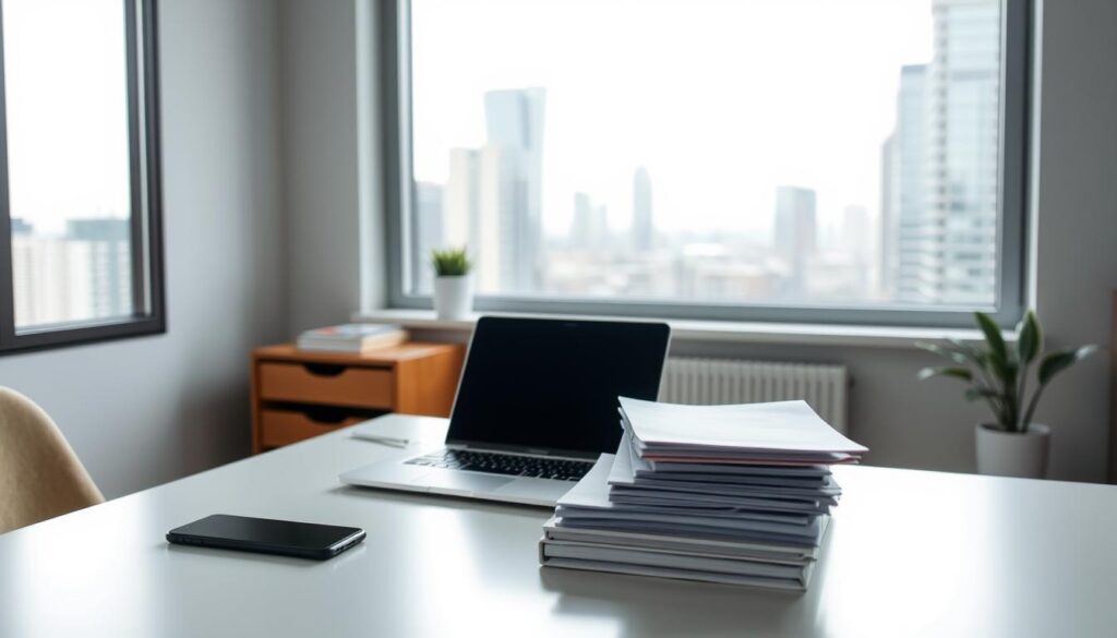 A clean, minimalist home office with a well-organized desk featuring a laptop, smartphone, and a neatly stacked set of folders and documents. The desk is positioned in front of a large window, allowing natural light to pour in and illuminate the scene. The background is a serene, blurred cityscape, suggesting a sense of productivity and focus. The overall mood is one of efficiency, control, and a decluttered digital workspace.