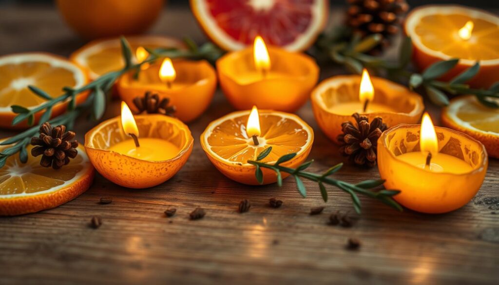A closeup view of several citrus peel candles, arranged on a wooden surface. The peels have been carefully carved and hollowed out, revealing the vibrant orange, lemon, or grapefruit hues within. Beams of warm, golden light flicker from the wicks, casting a cozy glow and gentle shadows across the composition. The candles are accompanied by additional citrus slices, sprigs of eucalyptus, and a few scattered pine cones, creating a rustic, nature-inspired scene. The lighting is soft and diffused, enhancing the inviting, atmospheric mood. Captured with a shallow depth of field, drawing the viewer's eye to the focal point of the candles.
