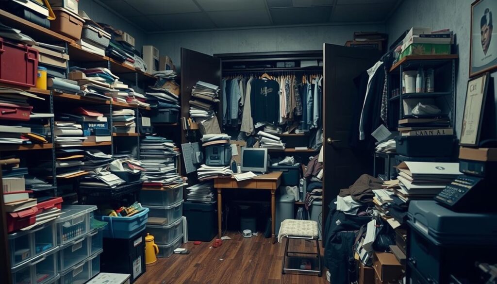 A cluttered, dimly lit room with cramped floor space. In the foreground, an assortment of mismatched storage containers and shelves overflowing with odds and ends. The middle ground features a tiny desk, its surface obscured by a jumble of papers, books, and electronic devices. The background reveals a cramped closet, its doors hanging open to expose a chaotic mess of clothing and linens. The lighting is harsh, casting harsh shadows and highlighting the clutter. The overall atmosphere conveys a sense of disorder and frustration, reflecting the "Ineffective Storage" theme.