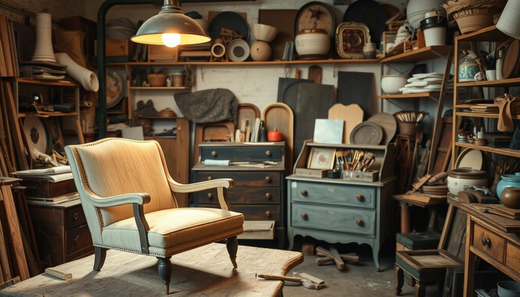 A cluttered workshop filled with vintage furniture pieces, tools, and upcycling supplies. In the foreground, a weathered armchair sits on a distressed wooden workbench, its frame being carefully sanded and refinished. Soft, warm lighting emanates from a hanging industrial lamp, casting dynamic shadows and highlighting the textures of the raw materials. In the middle ground, a mid-century dresser awaits its transformation, its drawers open to reveal a collection of paint brushes, stencils, and other crafting implements. The background is obscured by shelves stocked with an array of salvaged furniture parts, fabrics, and decorative accents, hinting at the creative potential waiting to be unlocked through thoughtful upcycling.