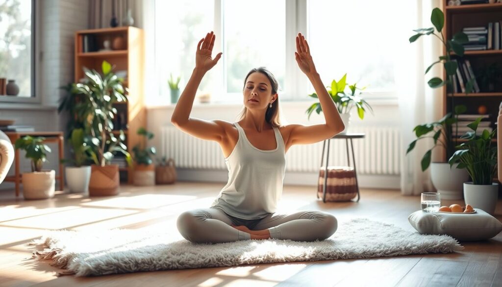 A comfortable, sunlit living room with a woman seated on a plush rug, performing gentle yoga poses. Soft natural light filters in through large windows, casting a warm glow. Houseplants and a meditation cushion are arranged nearby, creating a tranquil, spa-like atmosphere. The woman's expression is serene, conveying a sense of mindfulness and inner calm. In the background, a bookshelf and a small table with a glass of water and a bowl of fresh fruit suggest a holistic approach to wellness. The scene evokes a peaceful, rejuvenating home sanctuary for daily self-care. A comfortable, sunlit living room with a woman seated on a plush rug, performing gentle yoga poses. Soft natural light filters in through large windows, casting a warm glow. Houseplants and a meditation cushion are arranged nearby, creating a tranquil, spa-like atmosphere. The woman's expression is serene, conveying a sense of mindfulness and inner calm. In the background, a bookshelf and a small table with a glass of water and a bowl of fresh fruit suggest a holistic approach to wellness. The scene evokes a peaceful, rejuvenating home sanctuary for daily self-care.