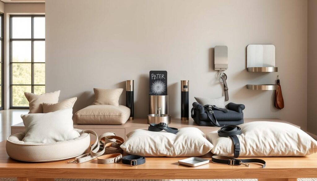 A contemporary and stylish pet accessory display showcasing a variety of elegant pet products against a neutral, minimalist backdrop. In the foreground, an assortment of high-quality pet beds, collars, and leashes in muted tones of beige, gray, and black are artfully arranged on a sleek, wooden table. The middle ground features an upscale pet water fountain and a modern, wall-mounted pet feeder in brushed metal. In the background, a soft, natural light filters through large windows, creating a warm and inviting atmosphere. The overall scene conveys a sense of refined, harmonious living where pets and their accessories seamlessly integrate with the home decor.