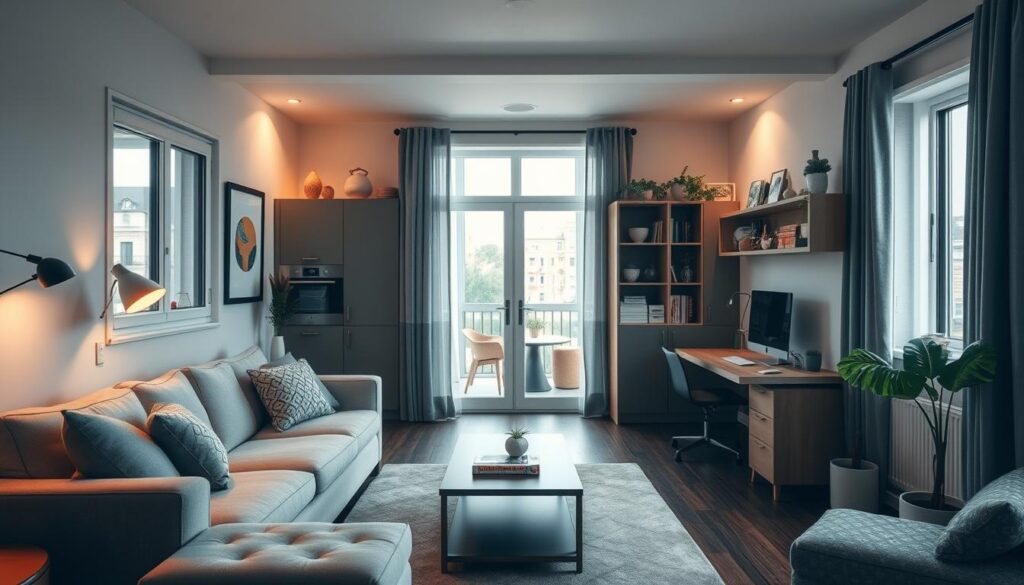 A cozy and functional small space layout with a focus on efficient use of space. A spacious, well-lit living room with large windows, soft lighting, and tasteful decor. A compact kitchen with sleek, minimalist cabinets and a breakfast bar. A neatly organized home office nook with a floating desk and shelves. Clever storage solutions like hidden compartments and multi-purpose furniture. The overall atmosphere is warm, inviting, and uncluttered, showcasing how careful planning can transform a limited area into a harmonious and livable space.