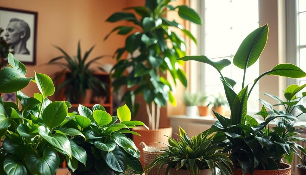 A cozy and harmonious indoor setting featuring a collection of lush, pet-friendly plants. In the foreground, a variety of green leafy plants like pothos, snake plants, and succulents are artfully arranged on a wooden side table, their vibrant foliage casting soft, natural shadows. In the middle ground, a tall, graceful fiddle-leaf fig tree stands tall, its broad leaves framing the scene. The background depicts a warm, inviting space with a large window letting in gentle, diffused sunlight, illuminating the plants and creating a serene, inviting atmosphere. The overall composition conveys a sense of tranquility and balance, highlighting the beauty and versatility of these pet-safe indoor plants.