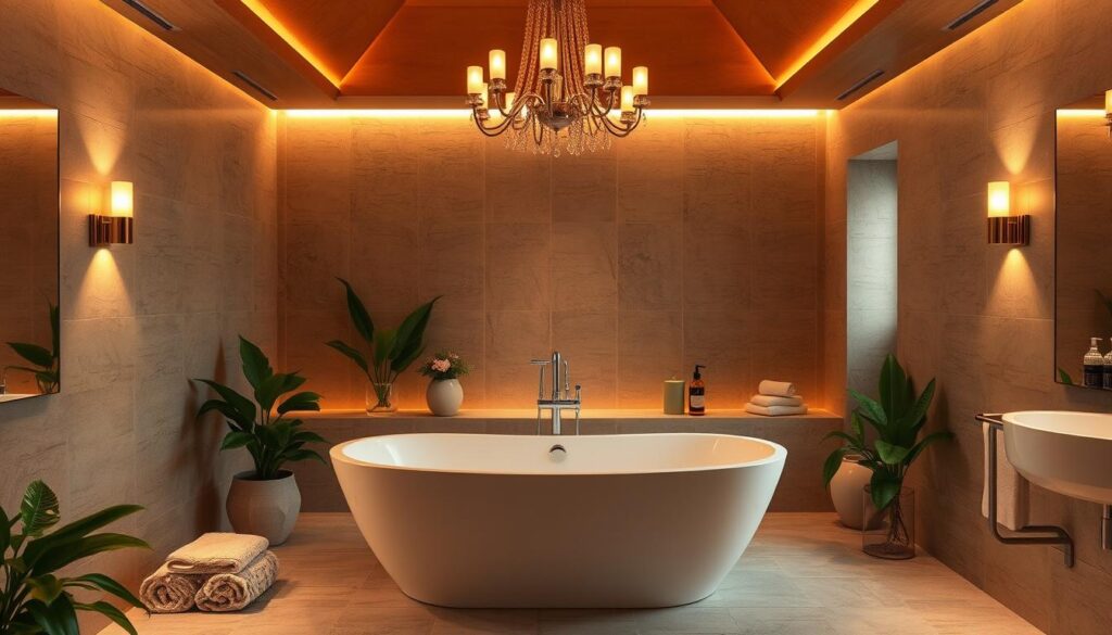 A cozy and inviting bathroom spa, filled with warm and soothing lighting. A large, freestanding bathtub is the centerpiece, surrounded by soft, glowing wall sconces and a stunning chandelier overhead, casting a gentle, ambient glow. The walls are adorned with natural stone tiles, creating a serene and luxurious atmosphere. Lush greenery and plush towels complete the spa-like ambiance, inviting the viewer to relax and unwind. The lighting is carefully designed to create a tranquil, rejuvenating experience, perfectly complementing the overall design of the bathroom spa.