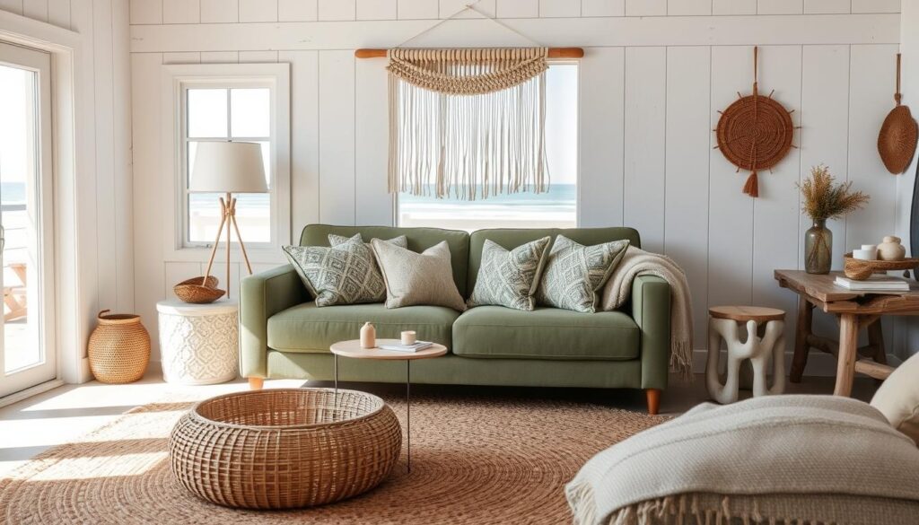 A cozy and inviting boho coastal living room with natural textures and muted hues. In the foreground, a woven area rug and a low-profile rattan coffee table set the foundation. In the middle ground, a plush velvet sofa in a sage green hue is adorned with an array of patterned pillows. Hanging above is a macrame wall hanging, casting a warm, ambient glow. The background features whitewashed wood paneling, a driftwood-inspired side table, and a large window overlooking a sun-dappled beach scene. The overall atmosphere is one of relaxed sophistication and effortless coastal charm.