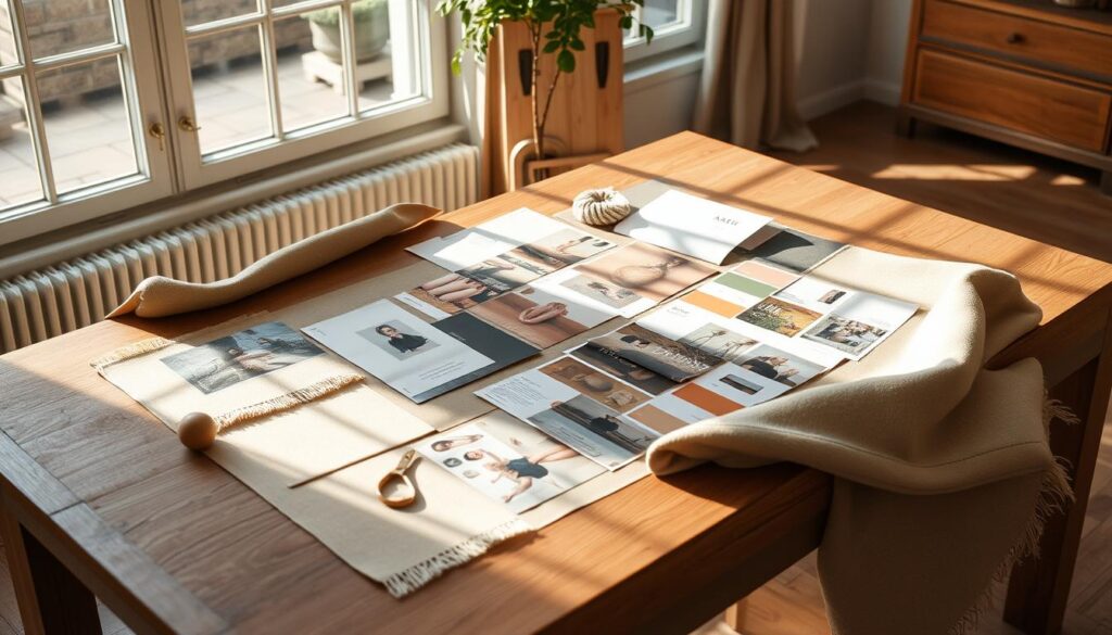 A cozy and inviting home decor mood board laid out on a wooden table, with natural lighting streaming in from large windows. The board features a curated collection of fabric swatches, paint color samples, magazine clippings, and inspirational photographs arranged in a visually pleasing and harmonious manner. The overall aesthetic is warm, earthy, and minimalist, with a focus on natural materials and neutral tones. Subtle shadows and textures add depth and dimension to the scene, creating a sense of depth and realism. The mood board appears to be the centerpiece of a thoughtful and deliberate design process, inviting the viewer to imagine the potential of this home decor concept.