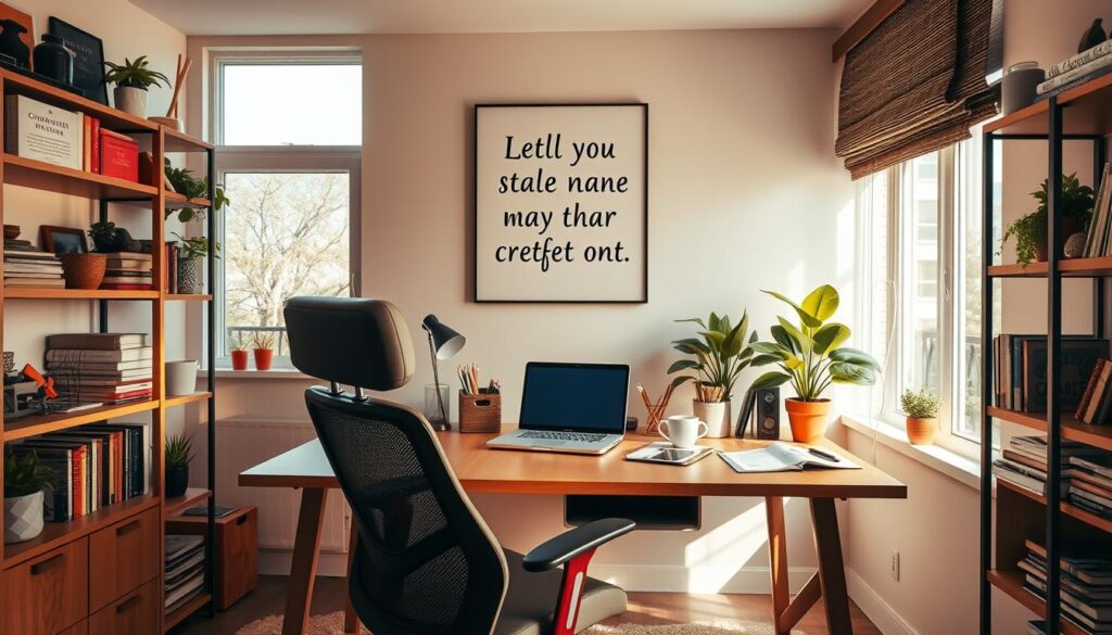 A cozy and inviting home office, bathed in warm, natural lighting from large windows. On the desk, a sleek laptop, a cup of coffee, and various stationery items neatly arranged. Shelves line the walls, filled with books, plants, and personal knickknacks that reflect the owner's interests and style. A comfortable, ergonomic office chair sits in the foreground, and a large, inspirational wall art piece or motivational quote hangs above the desk, creating a sense of focus and productivity. The overall atmosphere is one of creativity, organization, and a personalized touch, inviting the viewer to imagine themselves in this productive and inspiring workspace.