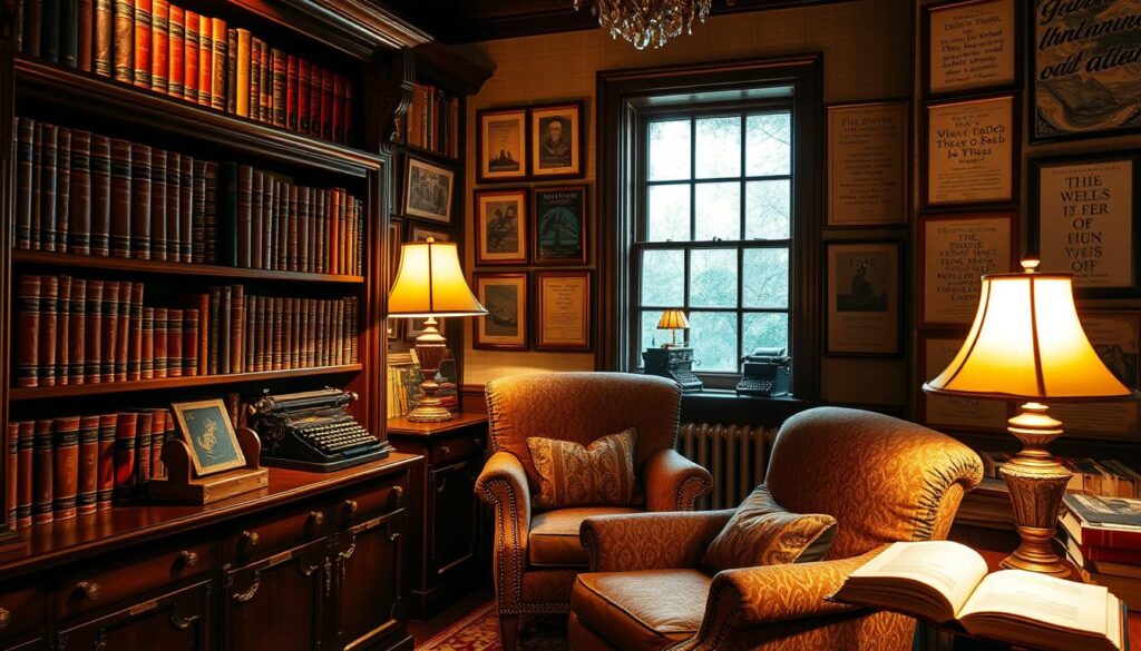A cozy and inviting literary-themed room, bathed in warm, soft lighting. In the foreground, an ornate wooden bookshelf filled with leather-bound volumes, their spines reflecting the glow of a nearby table lamp. On the shelves, antique brass bookends and a collection of vintage typewriters add a touch of literary charm. In the middle ground, a plush armchair upholstered in a rich, earthy fabric invites one to curl up with a good book. The walls are adorned with framed literary quotes and vintage book covers, creating a visually stimulating and intellectually inspiring atmosphere. The overall mood is one of quiet contemplation and a reverence for the written word.