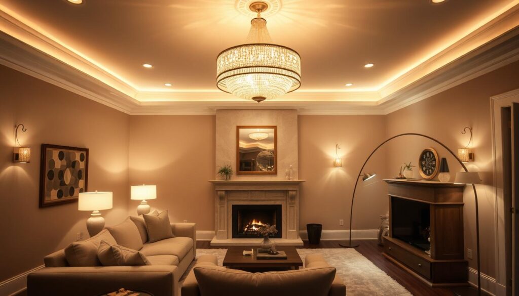 A cozy and inviting living room with a carefully curated lighting design. The room features a warm, golden glow from a statement chandelier suspended above a plush, L-shaped sofa. Soft, ambient lighting emanates from recessed fixtures in the ceiling, casting a gentle illumination across the space. A pair of minimalist table lamps flank a large, stately fireplace, their soft, diffused light creating a tranquil atmosphere. Strategically placed wall sconces highlight architectural details, while a reading nook in the corner is bathed in a pool of light from a tall, arched floor lamp. The overall effect is a harmonious balance of task, accent, and mood lighting, creating a welcoming and visually captivating room.