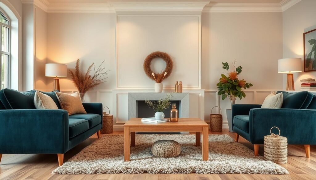 A cozy and inviting living room with a harmonious color palette. The foreground features a plush velvet sofa in a rich jewel-toned hue, complemented by a pair of matching armchairs. The middle ground showcases a natural wood coffee table and a fluffy area rug in a complementary earthy tone. The background boasts a feature wall painted in a soft, muted pastel shade, creating a serene and calming ambiance. Soft, warm lighting casts a gentle glow throughout the space, highlighting the textures and hues. The overall scene conveys a sense of timeless sophistication and seasonal elegance.