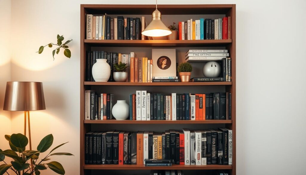 A cozy and inviting open bookshelf filled with a variety of hardcover books, ranging from classic literature to modern design tomes. Decorative elements like potted plants, ceramic vases, and an elegant brass lamp add visual interest and depth. The warm, natural lighting casts a soft glow, creating a harmonious and welcoming atmosphere. The bookshelf is positioned against a white wall, allowing the books and decor to take center stage. The overall composition showcases a stylish and well-curated collection, inspiring book lovers to create their own personalized display.