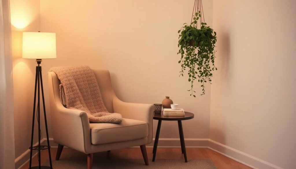 A cozy and inviting relaxation corner with a plush armchair, a side table with a tall floor lamp, and a hanging plant suspended from the ceiling. The room is bathed in warm, diffused lighting, creating a serene and calming atmosphere. The armchair is upholstered in a soft, neutral-toned fabric, and a fluffy throw blanket is draped over the back. The side table holds a decorative vase, a cup of tea, and a small stack of books. The hanging plant adds a touch of greenery and natural elements to the space. The overall design is minimalist and uncluttered, focused on creating a tranquil and rejuvenating environment for relaxation and self-care.