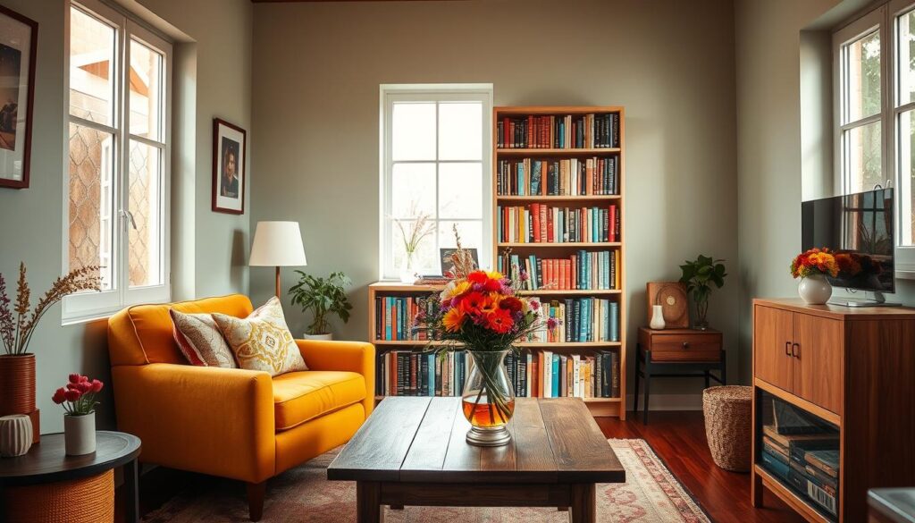A cozy and inviting small living room bathed in warm, vibrant hues. The foreground features a plush, mustard-colored armchair and a low wooden coffee table adorned with a vase of colorful wildflowers. The middle ground showcases a bookshelf filled with vibrant book spines, creating a visually stimulating focal point. The background blends a soft, sage-green wall with a large window that allows natural light to stream in, casting a gentle glow throughout the space. The overall mood is one of comfort, creativity, and the harmonious integration of color psychology principles within a compact, yet thoughtfully designed interior.