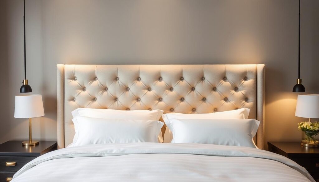 A cozy and inviting upholstered headboard, meticulously crafted with plush fabrics in a neutral color palette. The headboard is positioned against a soothing backdrop of soft gray walls, accentuated by warm, diffused lighting that casts a gentle glow. The tufted surface is adorned with elegant buttons, creating a timeless and sophisticated look. In the foreground, a neatly made bed with crisp white linens and fluffy pillows invites relaxation. The overall atmosphere exudes a sense of comfort and tranquility, perfectly capturing the essence of a custom-designed, upholstered headboard project.
