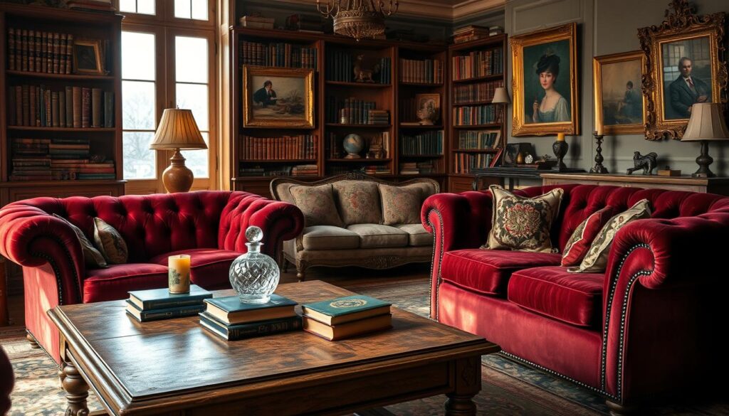 A cozy and inviting vintage living room, bathed in soft, warm lighting. In the foreground, a plush, tufted chesterfield sofa upholstered in rich, jewel-toned velvet. Atop a distressed wooden coffee table, a collection of vintage books, a crystal decanter, and a single, flickering candle. In the middle ground, a matching loveseat and armchair, adorned with intricate embroidered patterns. Framing the scene, a floor-to-ceiling bookshelf filled with leather-bound volumes and antique knick-knacks. The walls are adorned with ornate, gilded frames holding impressionist paintings. Underfoot, a worn, Persian-style area rug in muted hues. The atmosphere is one of timeless elegance and understated luxury.