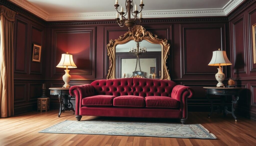 A cozy and inviting vintage living room with a plush, tufted velvet sofa in a deep burgundy hue. Warm, soft lighting from a brass floor lamp and a vintage-inspired chandelier cast a gentle glow, highlighting the ornate crown molding and hardwood floors. Antique side tables with intricate carvings flank the sofa, topped with vintage lamps and vases. In the background, a large, ornate mirror reflects the room, adding depth and a sense of timelessness. The overall atmosphere is one of refined elegance and nostalgia, capturing the essence of vintage home decor.