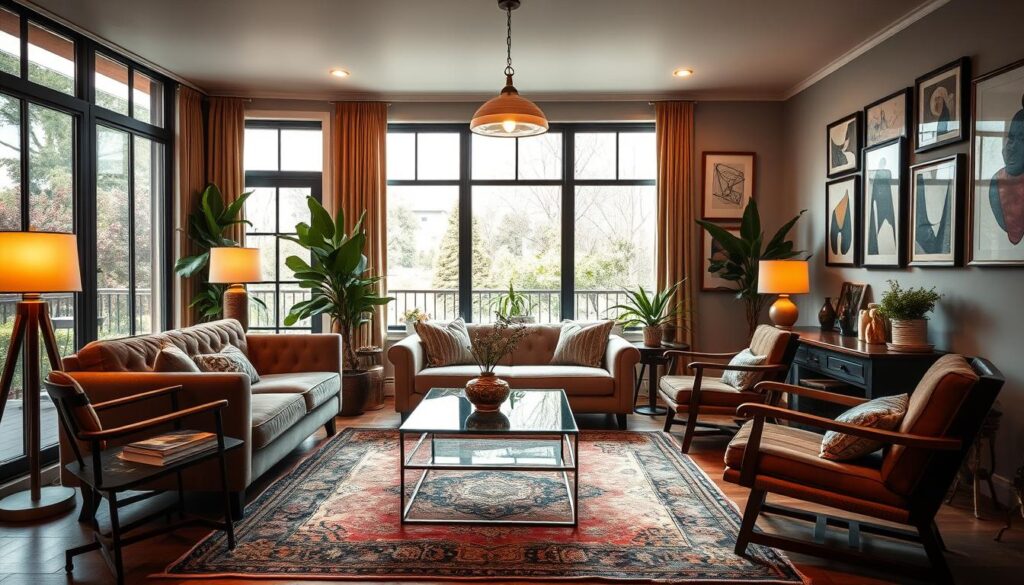 A cozy and inviting vintage-modern fusion living room. Softly lit by warm floor lamps and mid-century pendant lights, the space features a plush, tufted velvet sofa paired with a sleek, glass-topped coffee table. Antique wooden armchairs and a vintage rug create a layered, eclectic look, while potted plants and subtle brass accents add natural, organic touches. The walls are adorned with a gallery of framed abstract art pieces, lending an artistic, contemporary vibe. Large windows flood the room with natural light, blending the indoor and outdoor spaces. An overall sense of harmonious contrast, where old and new elements seamlessly converge to form a stylish, balanced aesthetic.