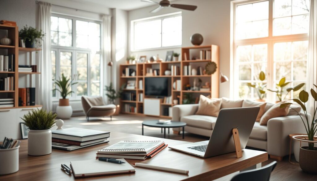 A cozy and organized home interior with abundant natural light streaming through large windows. In the foreground, a neatly arranged desk with a laptop, planner, and other productivity tools. In the middle ground, bookshelves filled with tidy volumes and decorative accents. The background features a tranquil living area with comfortable seating and plants, conveying a sense of balance and harmony. The overall atmosphere is one of calm efficiency, inspiring productivity and well-being. A cozy and organized home interior with abundant natural light streaming through large windows. In the foreground, a neatly arranged desk with a laptop, planner, and other productivity tools. In the middle ground, bookshelves filled with tidy volumes and decorative accents. The background features a tranquil living area with comfortable seating and plants, conveying a sense of balance and harmony. The overall atmosphere is one of calm efficiency, inspiring productivity and well-being.