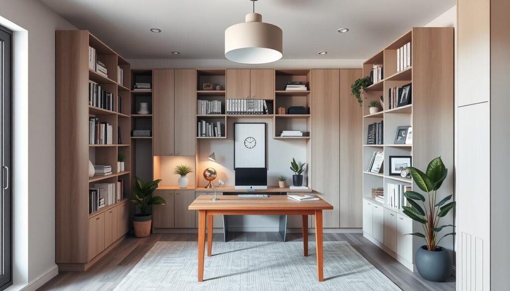 A cozy and organized home office with sleek storage solutions. A minimalist L-shaped desk in warm wood tones, flanked by tall, slim shelving units filled with neatly arranged books, files, and decorative accents. Soft, diffused lighting from a modern pendant fixture overhead creates a productive, yet inviting atmosphere. The room's neutral color palette of grays and whites is accented by potted plants, lending a touch of natural vibrancy. The layout is streamlined and efficient, maximizing the available space for both work and relaxation.