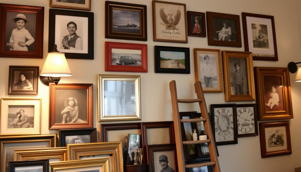 A cozy and personalized gallery wall, featuring an eclectic mix of framed family photos, vintage memorabilia, and handcrafted artworks. The warm, soft lighting from a pair of sconces casts a gentle glow, highlighting the unique textures and colors of the decor. In the foreground, a collection of mismatched frames in wood, metal, and gilded finishes create a visually interesting display. In the middle ground, an old, weathered wooden ladder leans against the wall, serving as a creative way to display smaller items and trinkets. The background is a neutral, off-white wall, allowing the personalized elements to take center stage. The overall atmosphere is one of warmth, nostalgia, and a celebration of the owner's unique story and personal style.