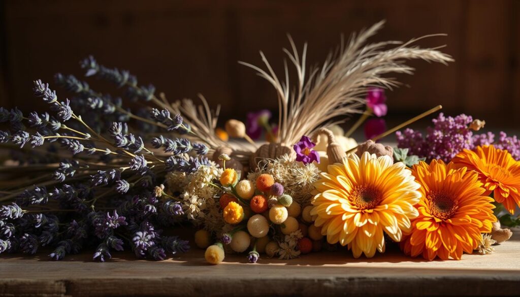 A cozy and rustic still life arrangement of various dried flowers, including delicate lavender sprigs, wispy pampas grass, and vibrant marigolds. The flowers are carefully curated and displayed on a wooden surface, perhaps a worn tabletop or a vintage crate, illuminated by soft, natural lighting that casts gentle shadows. The composition evokes a sense of timeless charm and handcrafted elegance, perfectly capturing the essence of DIY dried flower craft ideas. The overall mood is warm, inviting, and showcases the inherent beauty and versatility of these natural, ephemeral materials.