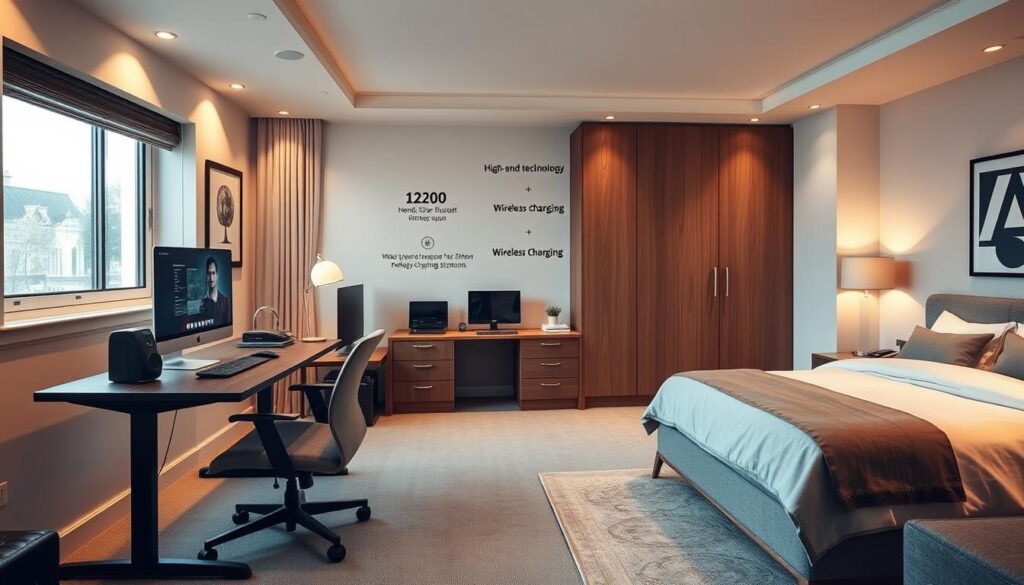 A cozy and well-appointed home office guest room combo, featuring a sleek and minimalist workstation integrated seamlessly with the relaxed atmosphere of a guest suite. Soft, warm lighting from recessed fixtures and a large window casts a gentle glow, accentuating the clean lines of the modern furniture. In the foreground, a large, adjustable standing desk sits adjacent to a plush armchair, creating a harmonious balance between productivity and leisure. The middle ground showcases high-end technology integration, with a state-of-the-art computer setup, wireless charging stations, and discreet cable management. The background reveals a comfortable queen-sized bed, inviting soft bedding, and tasteful artwork, blending the professional and personal aspects of the space. An overall sense of tranquility and functionality pervades the scene, reflecting the ideal fusion of a home office and guest room.