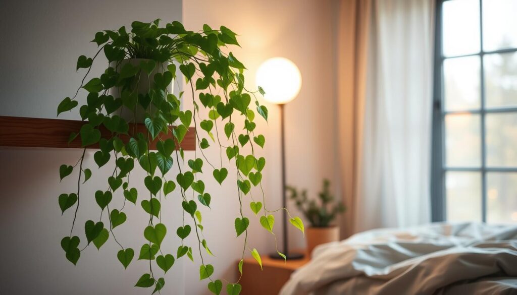 A cozy and well-lit bedroom scene featuring a lush, trailing Pothos (Epipremnum aureum) plant cascading from a wooden shelf or side table. The plant's vibrant green leaves and vines add a touch of natural beauty and air-purifying prowess to the serene, minimalist space. Warm, diffused lighting from a nearby window bathes the scene in a soft, inviting glow, highlighting the plant's delicate details. The Pothos' long, sinuous stems and heart-shaped foliage create a sense of lush, verdant vitality, complementing the soothing, nature-inspired atmosphere of the bedroom.