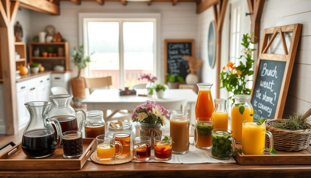 A cozy at-home brunch beverage station with a rustic, farmhouse-inspired aesthetic. In the foreground, an assortment of glass carafes and mugs filled with various brunch beverages - freshly brewed coffee, herbal teas, and chilled fruit juices. Wooden trays, woven baskets, and a vintage-inspired chalkboard display accents the setup. The middle ground features a linen tablecloth, fresh flowers, and small potted plants adding pops of greenery. The background showcases a warm, natural-lit space with exposed beams, white shiplap walls, and a large window overlooking a serene outdoor scene. The overall mood is one of relaxation, comfort, and effortless hospitality.