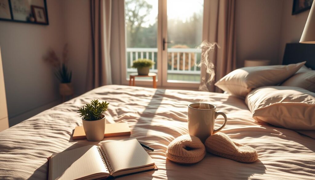 A cozy bedroom bathed in warm morning light, a person sitting on the edge of a neatly made bed, holding a steaming mug of coffee. In the foreground, an assortment of self-care items - a journal, a potted plant, a pair of slippers. The middle ground features a large window overlooking a tranquil outdoor scene, with trees and a hint of a garden. The atmosphere is serene, inviting a sense of mindfulness and a gentle start to the day. A cozy bedroom bathed in warm morning light, a person sitting on the edge of a neatly made bed, holding a steaming mug of coffee. In the foreground, an assortment of self-care items - a journal, a potted plant, a pair of slippers. The middle ground features a large window overlooking a tranquil outdoor scene, with trees and a hint of a garden. The atmosphere is serene, inviting a sense of mindfulness and a gentle start to the day.
