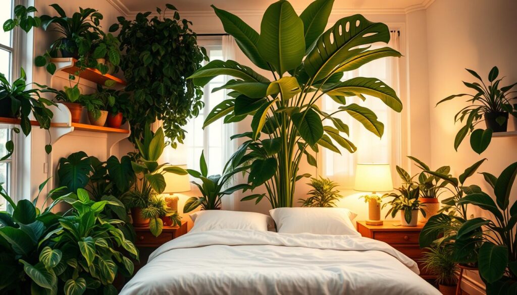 A cozy bedroom with an abundance of lush, vibrant plants artfully arranged. Soft, warm lighting from table lamps bathes the scene in a serene glow, creating a calming, spa-like ambiance. In the foreground, a variety of leafy houseplants - such as Philodendrons, Pothos, and Monstera - cascade gracefully from shelves and windowsills. In the middle ground, a large fiddle-leaf fig tree stands tall, its broad leaves reaching towards the ceiling. The background features a neatly made bed with crisp, white linens, flanked by nightstands with more potted plants. The overall composition conveys a sense of natural harmony and a peaceful retreat from the outside world.