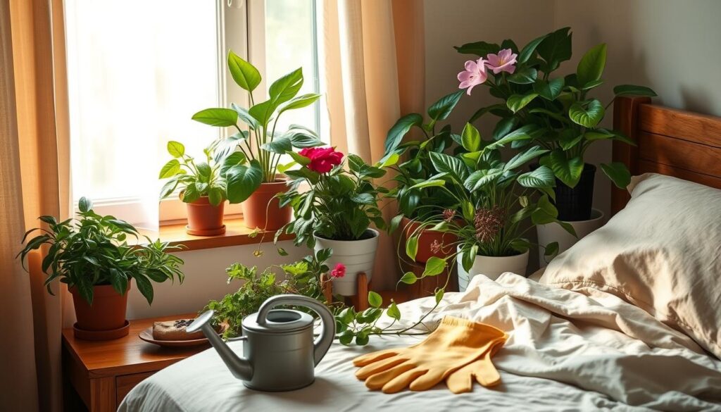 A cozy bedroom with lush, thriving houseplants arranged artfully on a wooden nightstand and windowsill. Soft, diffused natural lighting filters through sheer curtains, casting a warm, soothing glow. The plants, a mix of leafy greens and vibrant blooms, are meticulously cared for, their leaves glistening with freshly misted water. In the foreground, a small watering can and a pair of gardening gloves suggest the mindful, seasonal maintenance required to keep these bedroom companions healthy and vibrant throughout the year.