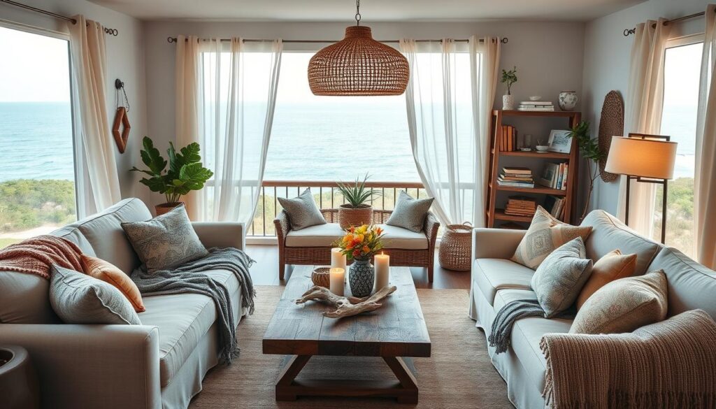 A cozy boho-chic living room overlooking a serene coastal landscape. Soft linen sofas and armchairs draped with colorful woven blankets and textured pillows. Rustic wooden coffee table adorned with driftwood accents, candles, and a vase of fresh flowers. Sheer curtains billowing in the gentle ocean breeze, allowing natural light to pour in. Weathered wooden shelves display an eclectic mix of decorative items, books, and plants. Warm, ambient lighting from rattan pendant lamps and floor-standing lamps creates a relaxing atmosphere. The overall scene exudes a laid-back, bohemian vibe that seamlessly blends with the tranquil coastal setting.