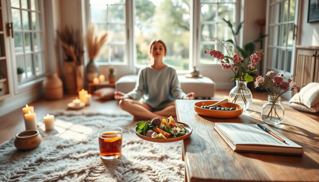 A cozy, bright, and inviting scene depicting various self-care practices. In the foreground, a person sits cross-legged on a plush rug, eyes closed in meditation, surrounded by flickering candles and a soothing herbal tea. In the middle ground, a nourishing, plant-based meal is artfully presented on a wooden table, alongside a journal and a vase of fresh flowers. The background features a warm, natural-lit room with large windows overlooking a tranquil outdoor space, creating a sense of calm and rejuvenation. The overall atmosphere is one of mindfulness, balance, and a holistic approach to personal well-being.