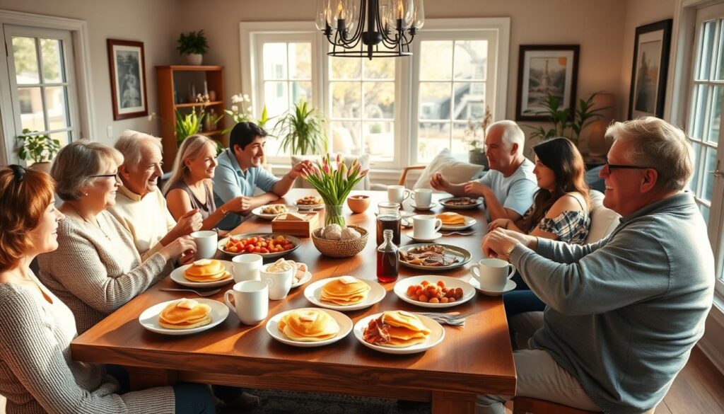 A cozy brunch gathering in a warm, sunlit living room. A large wooden table is set with an array of delectable brunch dishes - fluffy pancakes, crisp bacon, fresh fruit, and steaming mugs of coffee. Friends and family sit around the table, engaged in lively conversation, their faces lit by the soft natural light filtering through the windows. Potted plants and framed artwork add a touch of homey elegance to the scene. The mood is one of relaxed contentment, where good food and cherished company mingle to create a truly memorable brunch experience.